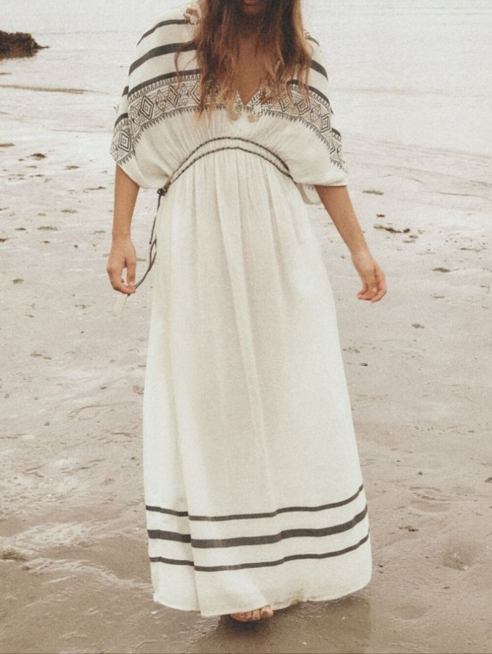 Zara Off White Beaded Kaftan Maxi Dress
